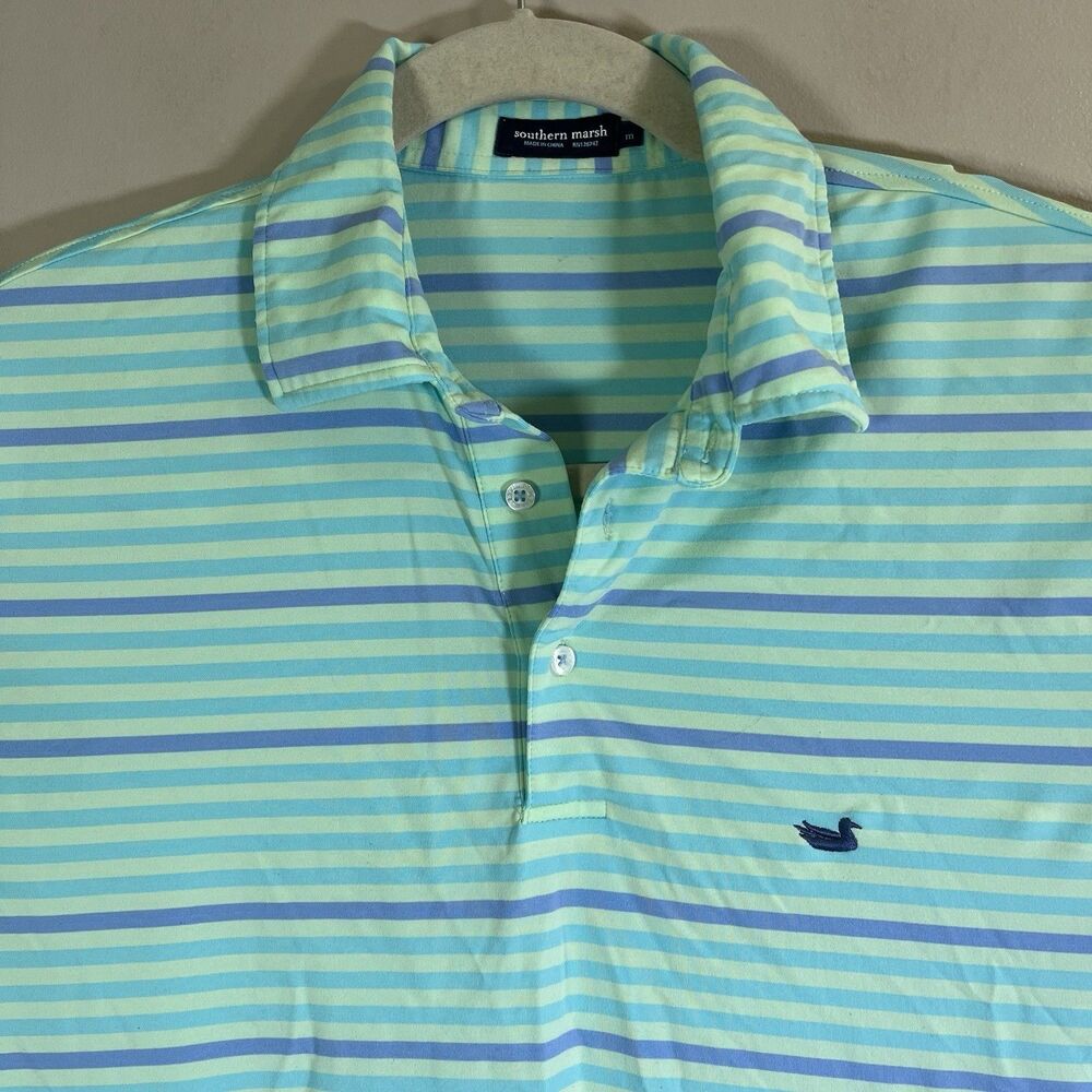 Southern Marsh Shirt Men Medium Performance Polo Golf Stretch Green Blue Stripes